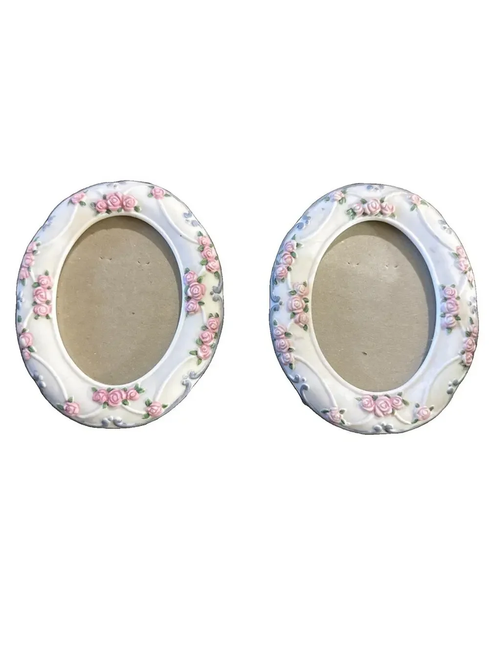 Vintage Porcelain Oval Picture Frames Pair Pink Roses 3D Floral Taiwan 5x4